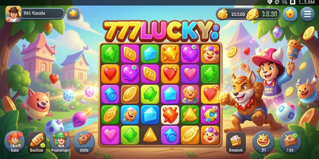 Tampilan gameplay seru dari 777LUCKY saat mencocokkan permata.