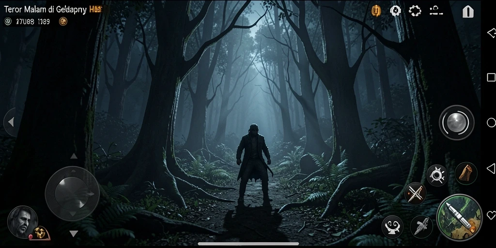Gameplay AYU89 menunjukkan suasana menyeramkan saat menjelajahi hutan.