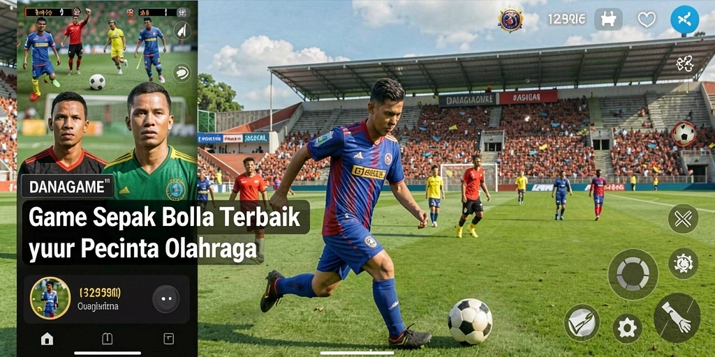 Tangkapan layar utama DANAGAME menampilkan aksi sepak bola yang intens.