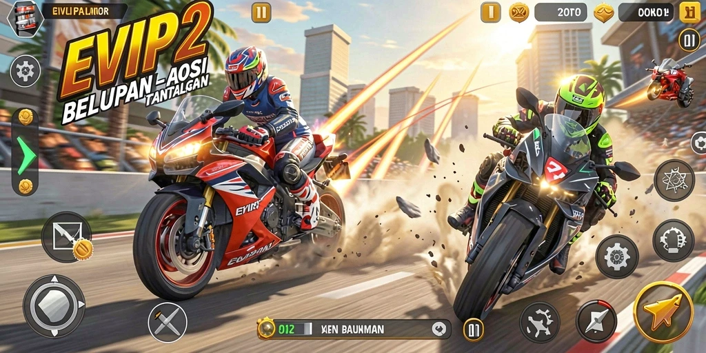 Screenshot gameplay EVIP2 menampilkan balapan motor yang cepat dan mendebarkan.