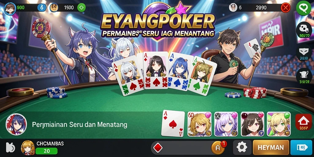 Gameplay EYANGPOKER dengan karakter Anime yang dinamis dan interaksi seru.