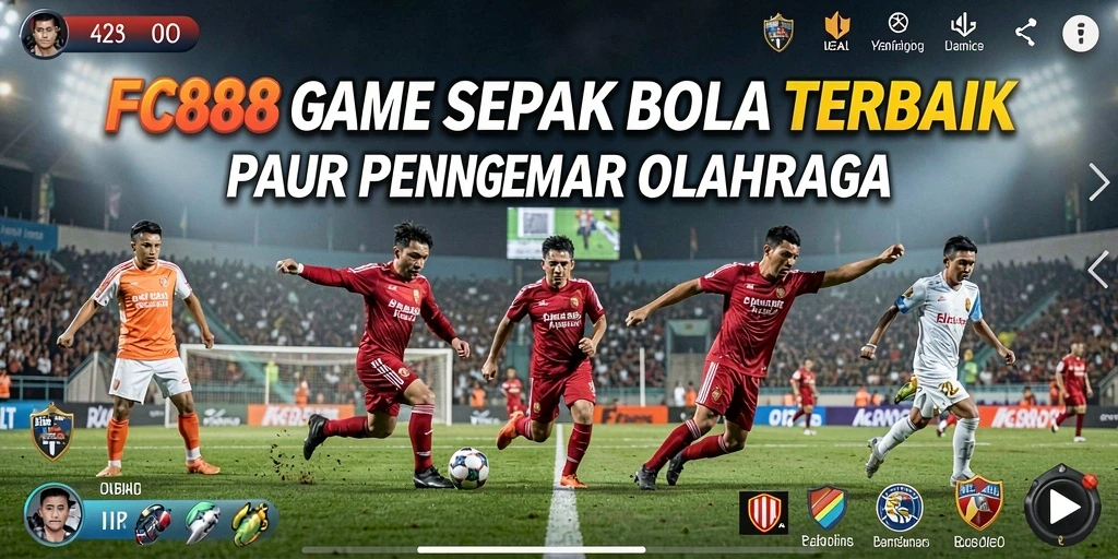 Screenshot gameplay FC888 menampilkan aksi seru di lapangan sepak bola.