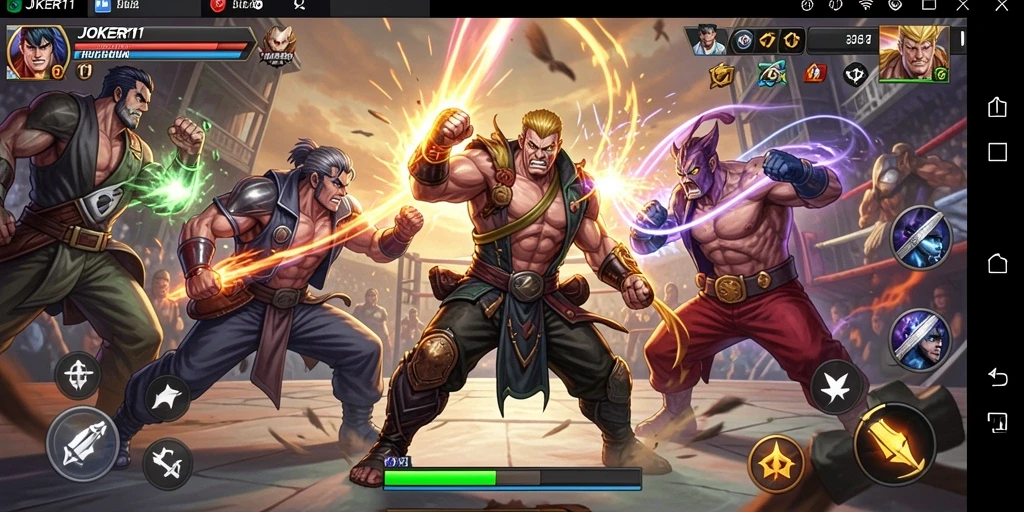 Screenshot JOKER11 menampilkan pertarungan karakter yang intens dan grafis menawan.
