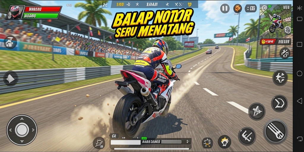 Screenshot gameplay T6 menampilkan aksi balap motor yang intens.